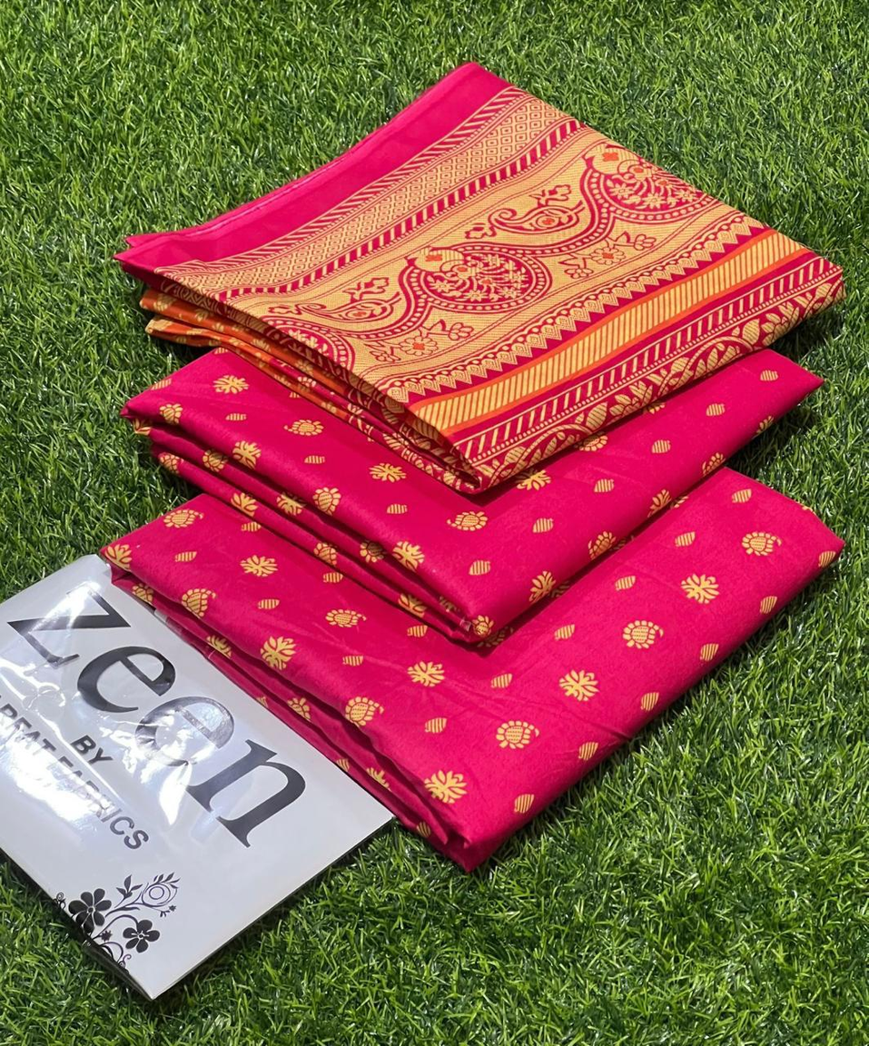 Zeen by Arfat Fabrics: Radiant Fuchsia Printed Lawn Suit with Gold/Orange Traditional Motifs – Unstitched Festive Summer Collection