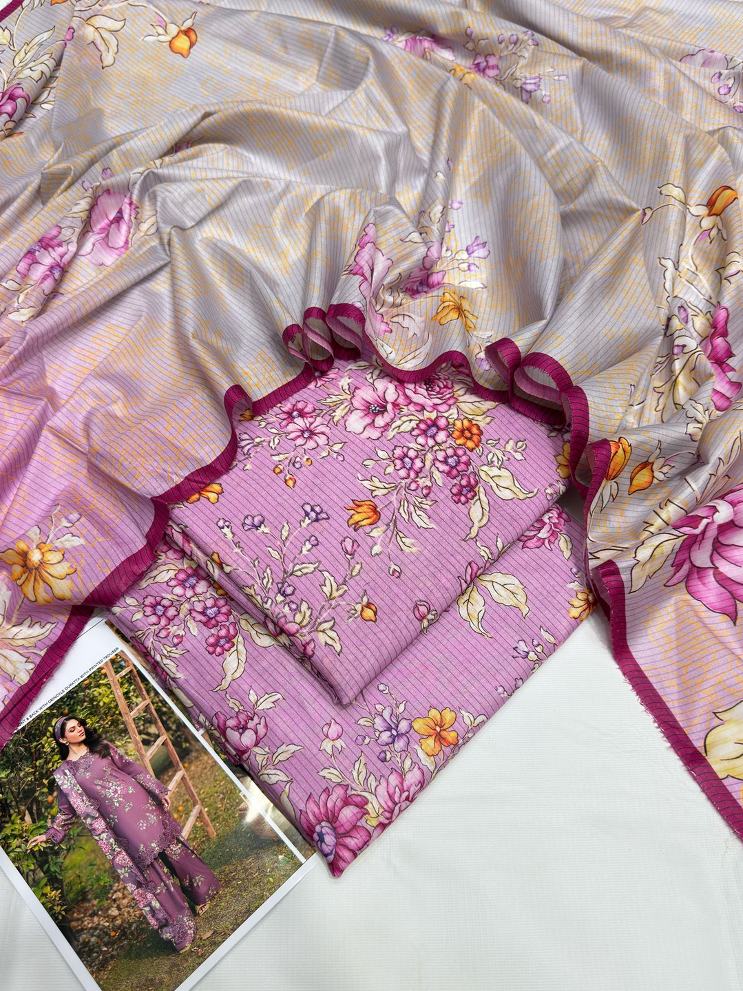 Elegant Unstitched Mauve Floral Digital Print Lawn Suit with Scalloped Lace Trims and Flowy Dupatta - Iznik Collection