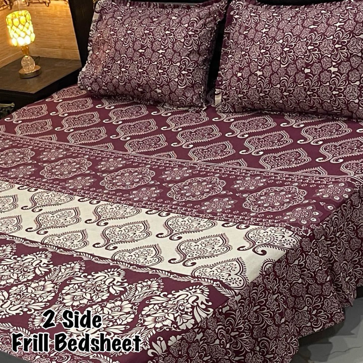 Luxurious 2-Side Frill Bedsheet with Intricate Paisley & Floral Pattern in Maroon and Cream