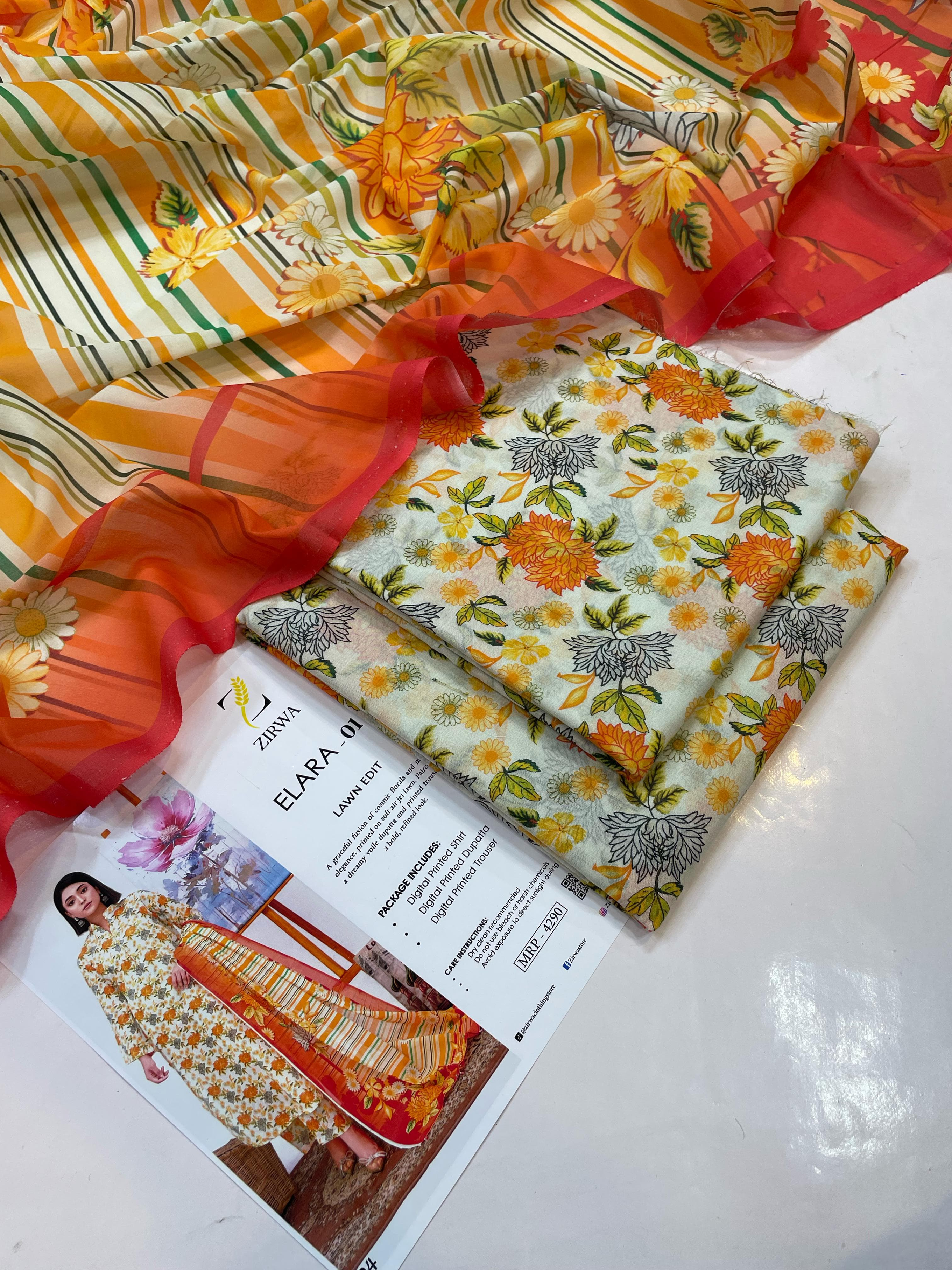 Zirwaa Elara Lawn Collection Fabric– 3 Piece Unstitched Floral Cream and Orange Summer Suit