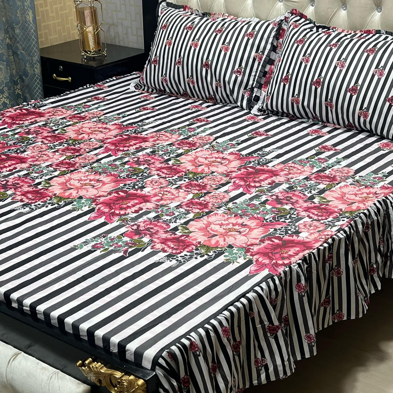 Black & White Stripe with Pink Floral Frill King Size Bedsheet Set