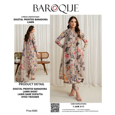 Cream Bana Doria 3-Piece Lawn Suit BAROQUE Digital Printed Collection Premium Unstitched Fabric