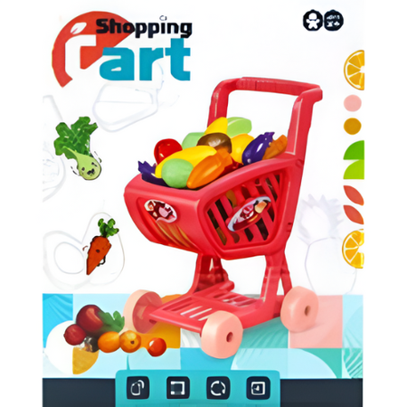 Colorful Kids Shopping Cart Toy Set with Pretend Fruits & Vegetables – 20cm Mini Grocery Trolley for Toddlers and Roleplay Fun.